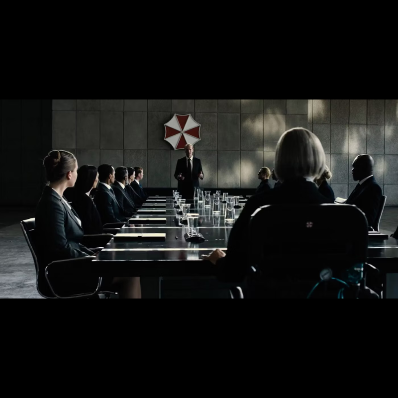 Photo du film Resident Evil. On y voit les locaux du groupe Umbrella portant et le logo du patch comme celui proposé sur cette page. Objet de collection. Accessoire de film original.